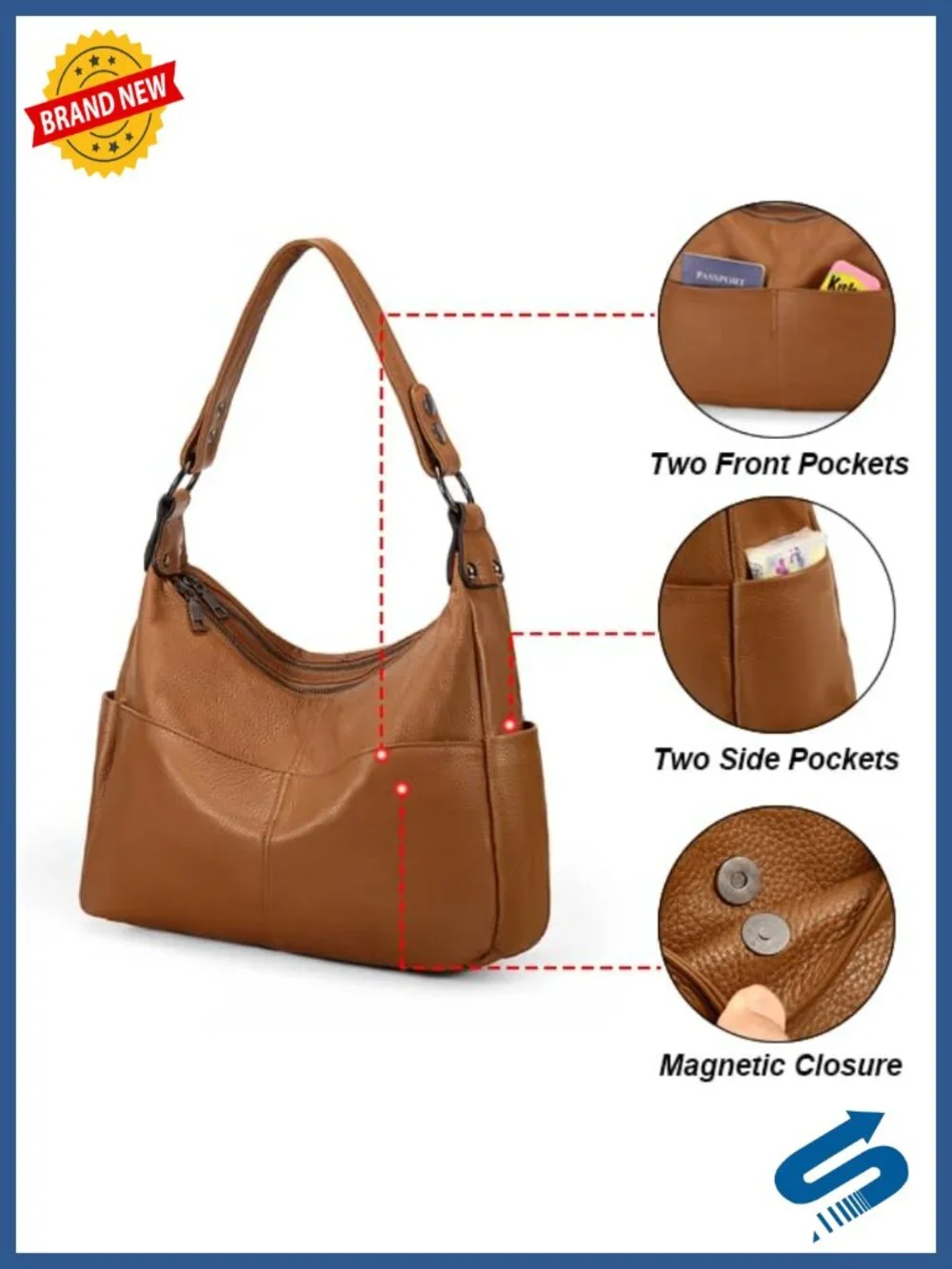 Genuine Leather Convertible Shoulder Bag with 2 Straps, Handbag Purse, Hobo